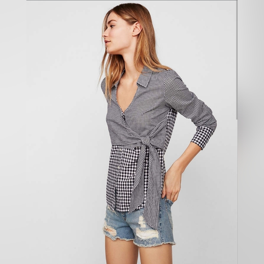 Women's Black & White Gingham Wrap Blouse